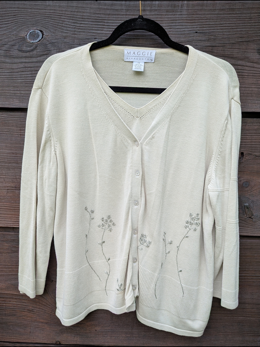 100% Silk Maggie McNaughton Sage Green Floral Embroidered V-Neck Button Cardigan